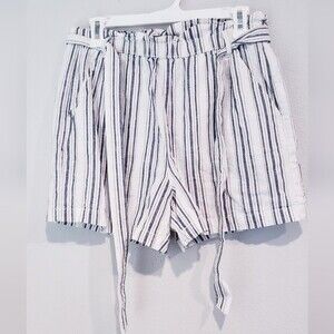 A.N.A. White Blue Striped Linen Blend Shorts Belt Tie Pockets Medium